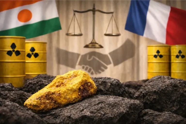 Bloc d’uranium posé sur des roches sombres, avec des barils nucléaires et les drapeaux du Niger et de la France en arrière-plan, symbolisant le dossier Somaïr.