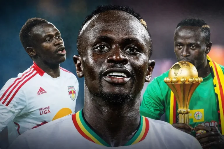 Montage photo de Sadio Mané avec le trophée de la CAN et sous les couleurs de ses clubs européens.