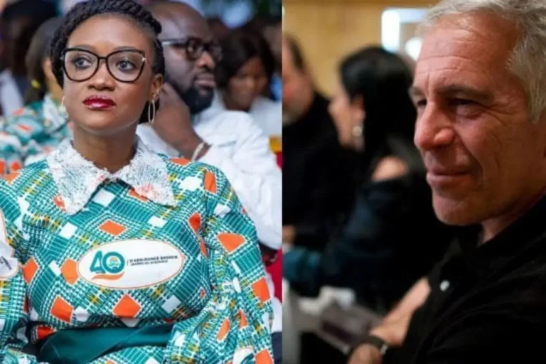 Nina Keita lors d’un événement officiel et Jeffrey Epstein lors d’une conférence, illustration des révélations sur leurs échanges entre 2011 et 2018.